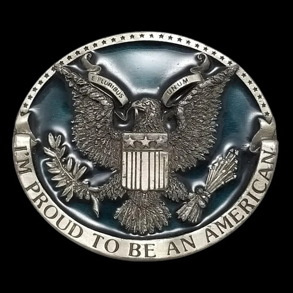 Vintage Belt Buckle Pewter 1981‎ I'm Proud To Be An American E Pluribus Unum USA